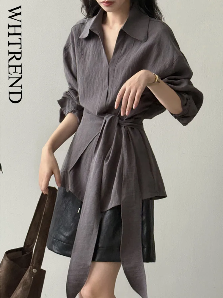 

WHTREND женская рубашка на шнуровке с застежкой на талии, осенний дизайн, элегантные свободные блузки с длинными рукавами, топ WH1475