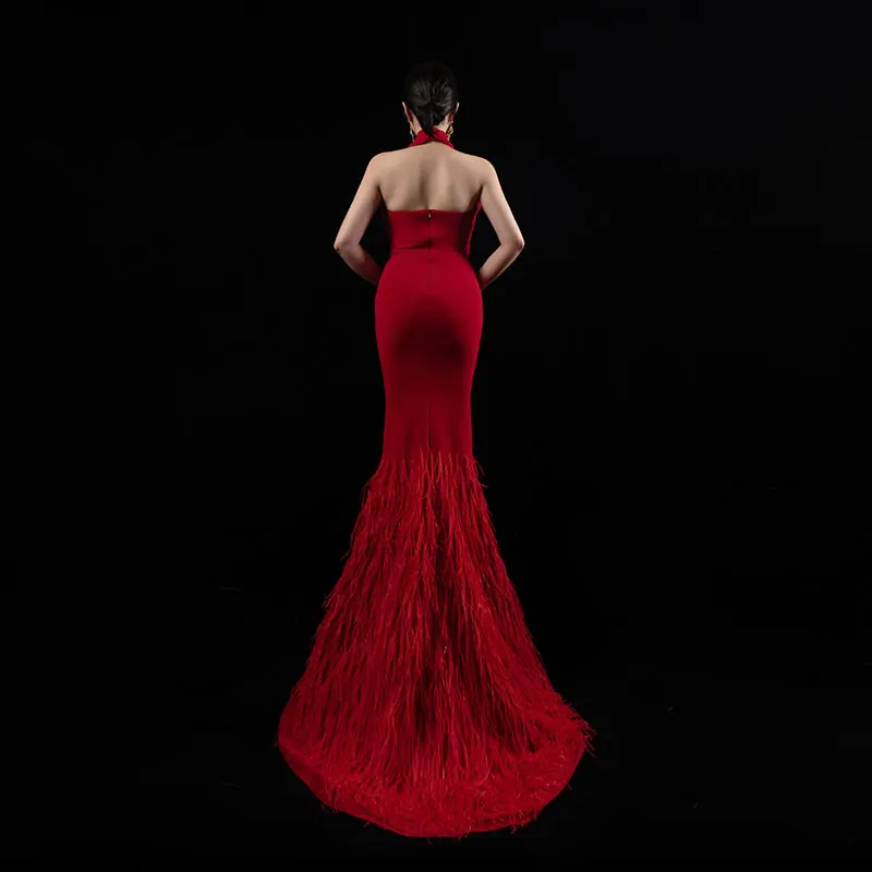 Bai Sha Custom Long Evening Dress With Ostrich Hair Luxury Gown Sexy Neck Hanging Quinceanera Dresses H100