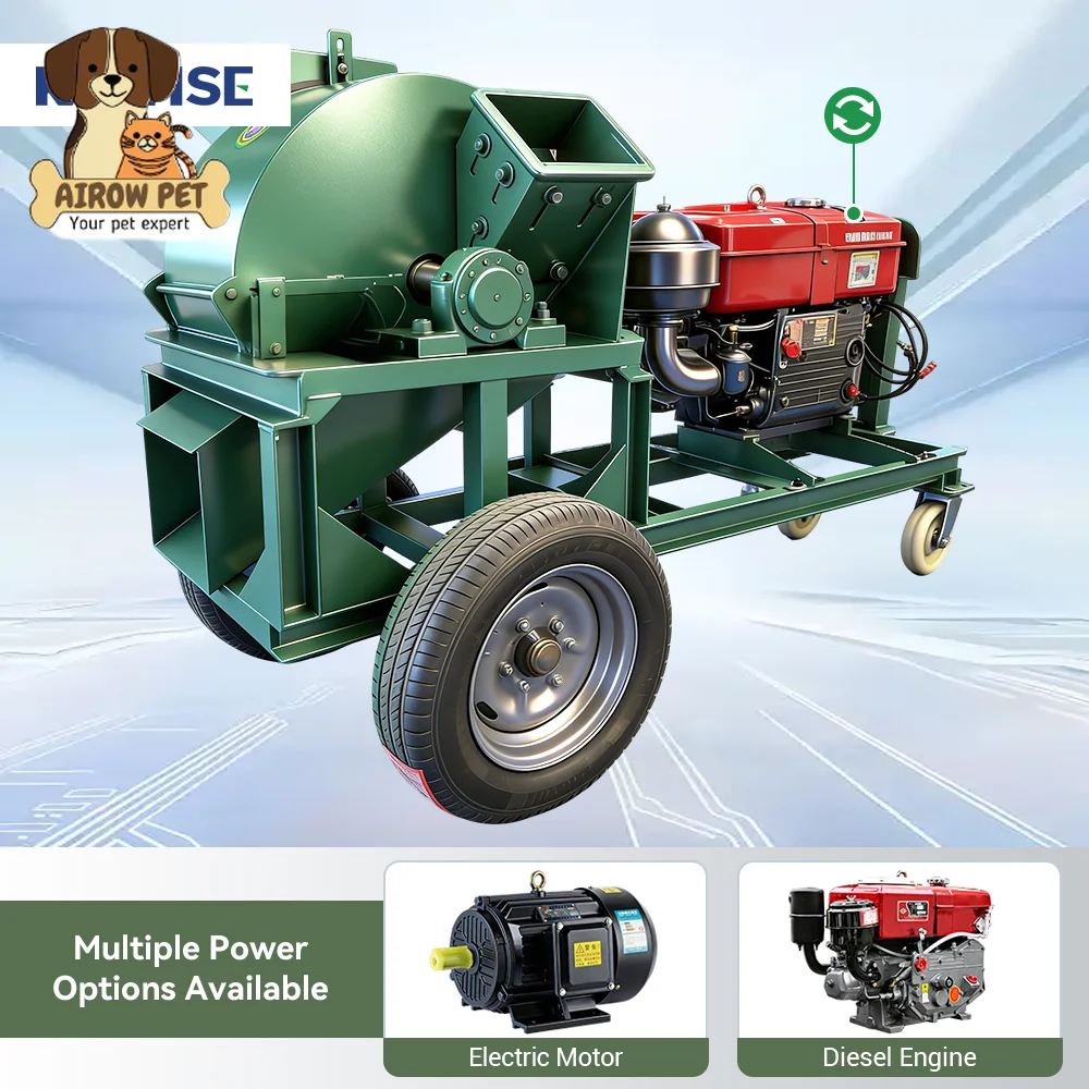 AIROW Diesel Biomass Wood Crusher Machine for Branches Logs Wood Chips Sawdust Fuel and Pellet Production Line Use with Cyclone