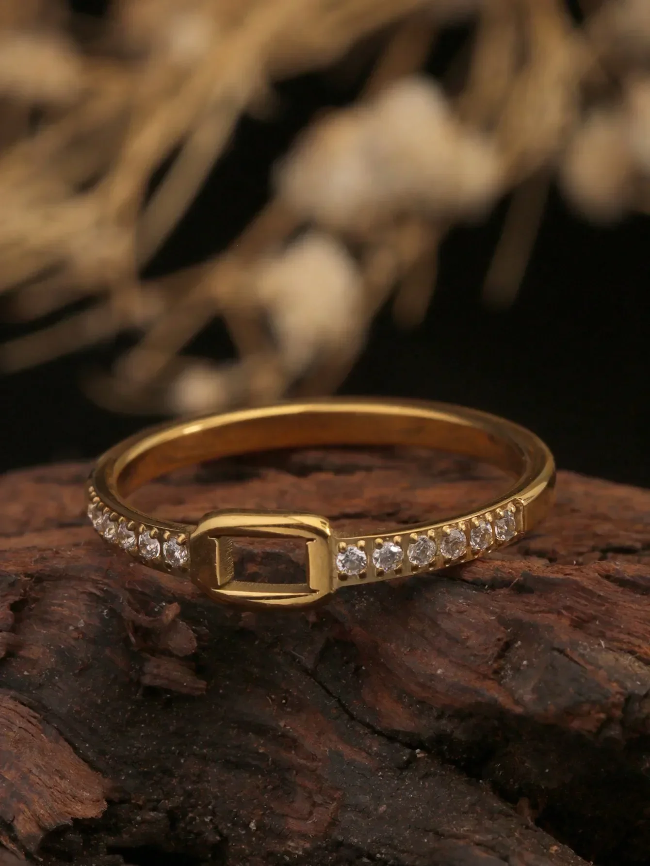 

1pc 2mm Stainless Steel Minimalist Small Cubic Zirconia Square Ring, 18K Gold Color, Delicate Hollow Diamond Band, Suitable