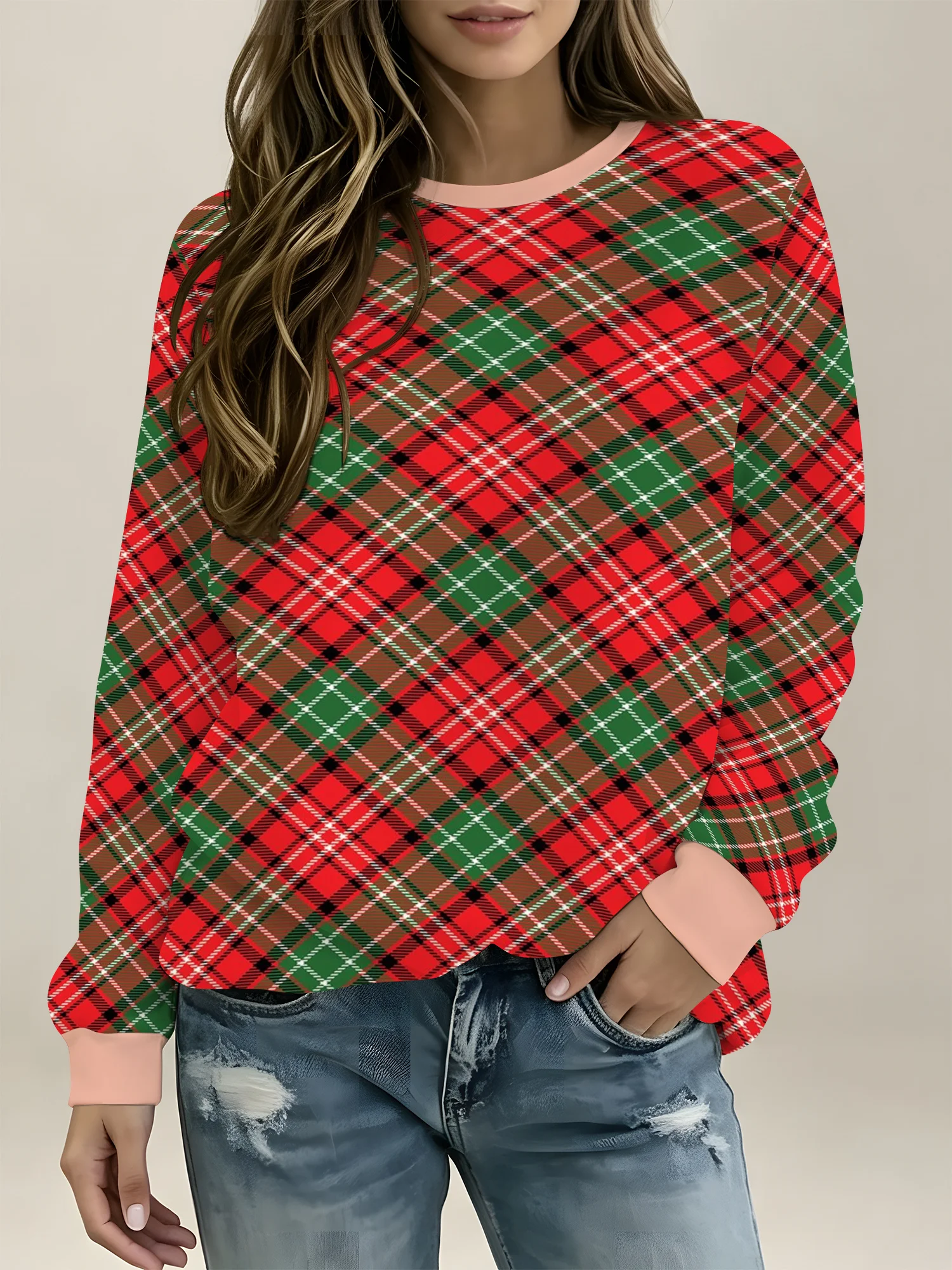 Women's Crew Neck Sweatshirt Christmas Plaid Print Classic Pullover Autumn Fashion Casual Women Clothes