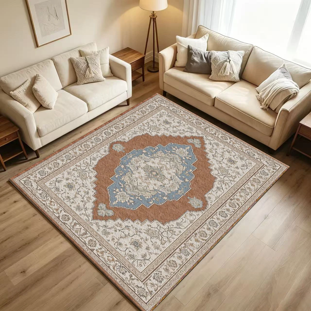 Classic Persian Medallion Carpet Flooring Terracotta Blue Cream Vintage Ornate Floral Scroll Border Symmetric Art Pattern Printed Floor Rug for Household Indoor Traditional Home Decor