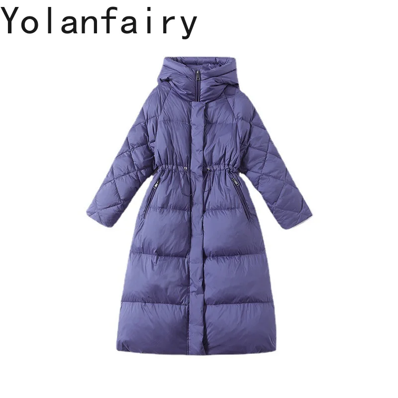 YOLANFAIRY Warm Mid-long Coat for Woman High-end 90% White Duck Down Jacket Women Hooded Waist-cinched Purple Puffer Feminino