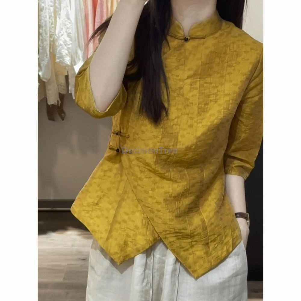 

2025 fashion irregular design sense chinese style qipao top improved elegant slim daily women blouse retro simple pure color top