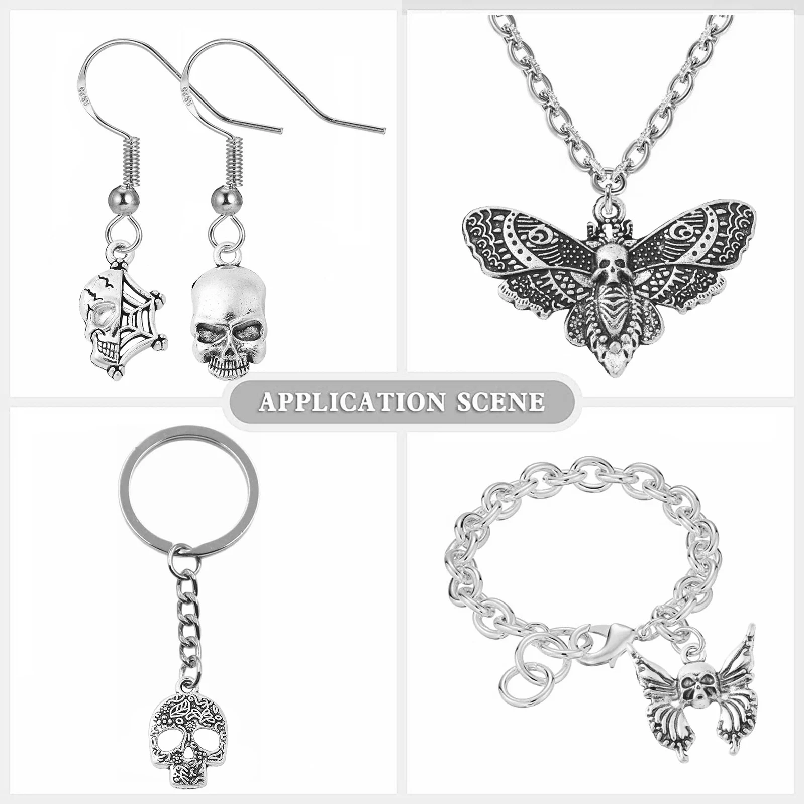 Pandahall 50Pcs 10 Styles Tibetan Halloween Charms Vintage Skull Head Butterfly Key Cross Charms for Jewelry Making Accessories