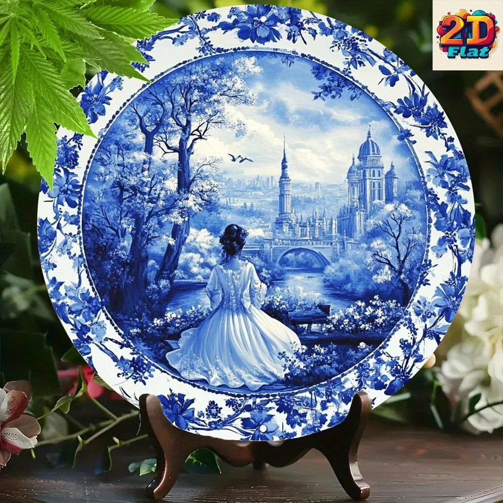 2D Flat - 1pc 2D Flat Metal Iron Sign | Blue and White Porcelain Plate Pattern, Woman'S Back Facing Distant Buildings and Bridge