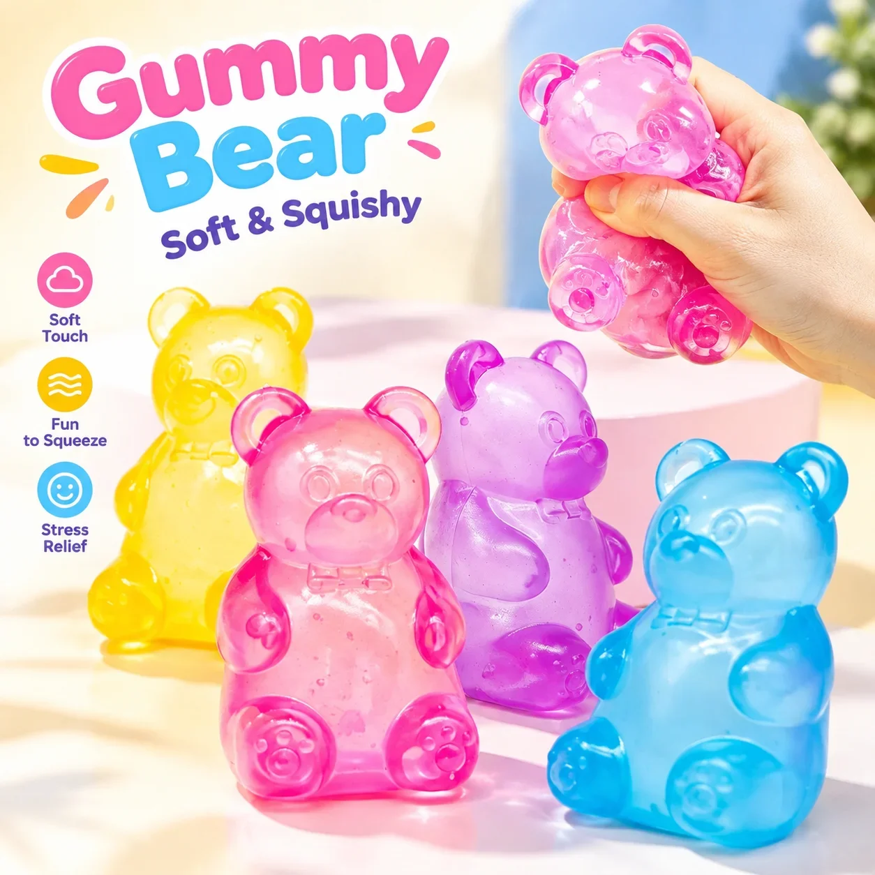 New Squishy Bear Maltose Soft Candy Solid Color TPR Stress Relief Toy Blind Box Fidget Decompression Squeeze Toy Cross Border