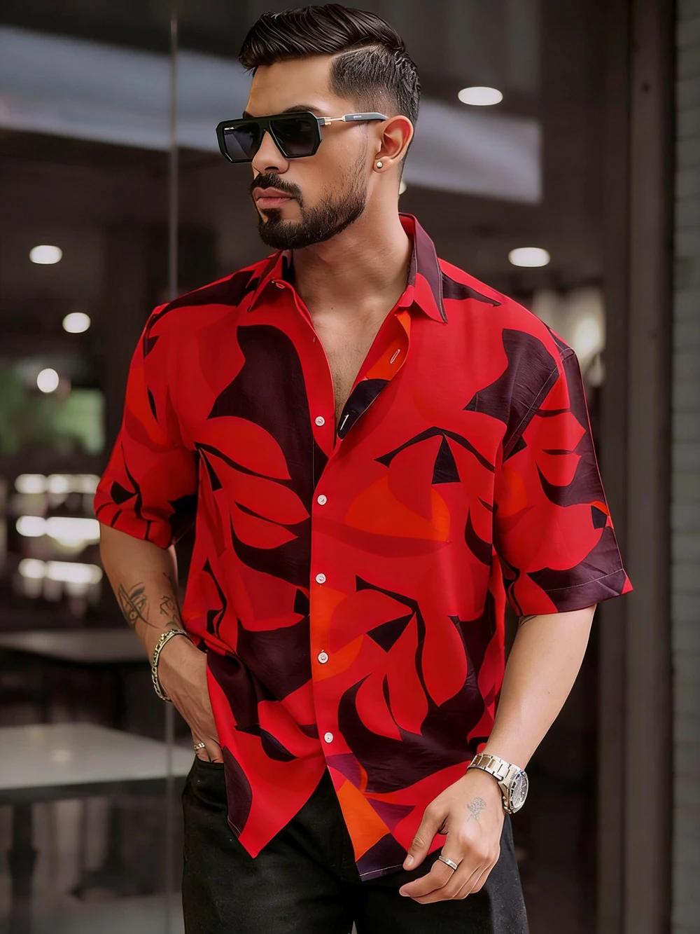 

2026Men's Large Size Loose Short Sleeve Lapel Shirt Natural Pattern HD Print Black Shirt Hawaiian Vacation Design Men's Clothing