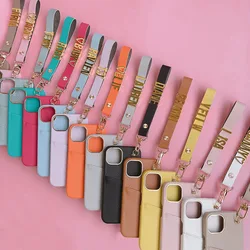 Personalise Pebble Leather Custom Name Card Holder Phone Case For iPhone 16 12 13 14 15Pro Max Protective Lanyard Bracelet Cover
