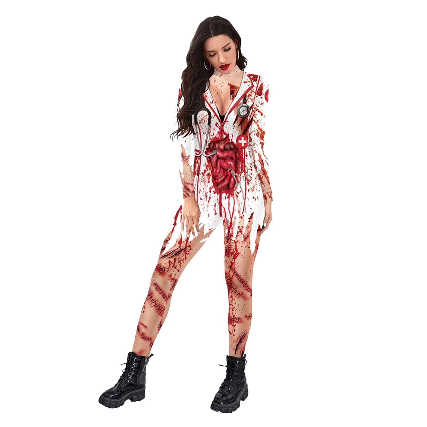 

2024 New Halloween Bloody Nurse Jumpsuit 3d Printed Long Sleeve Jumpsuit Adult Party Performance Costume Cosplay Costumes