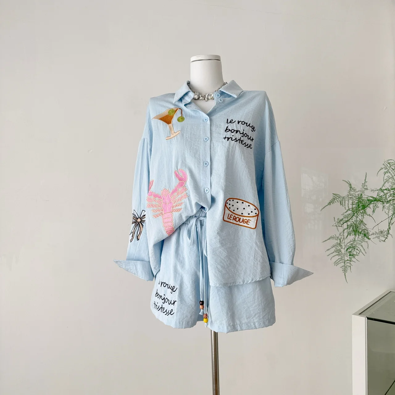 Women's Summer Autumn Emboidered Cartoon Pattern Two Pieces Shorts Set Lady Loose Long Sleeve Single Breasted Shirt + Shorts