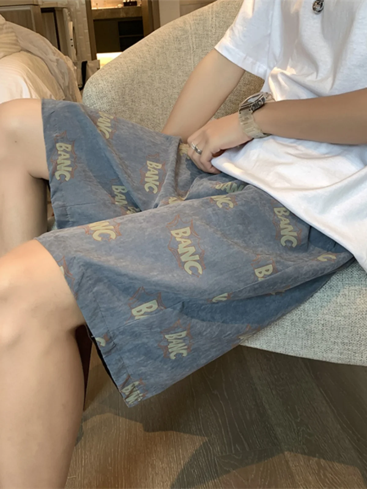 

American Casual Workwear orts Men Summer Hiphop Trendy Brand Letter Print Five-Point Loose Straight Beach Pants