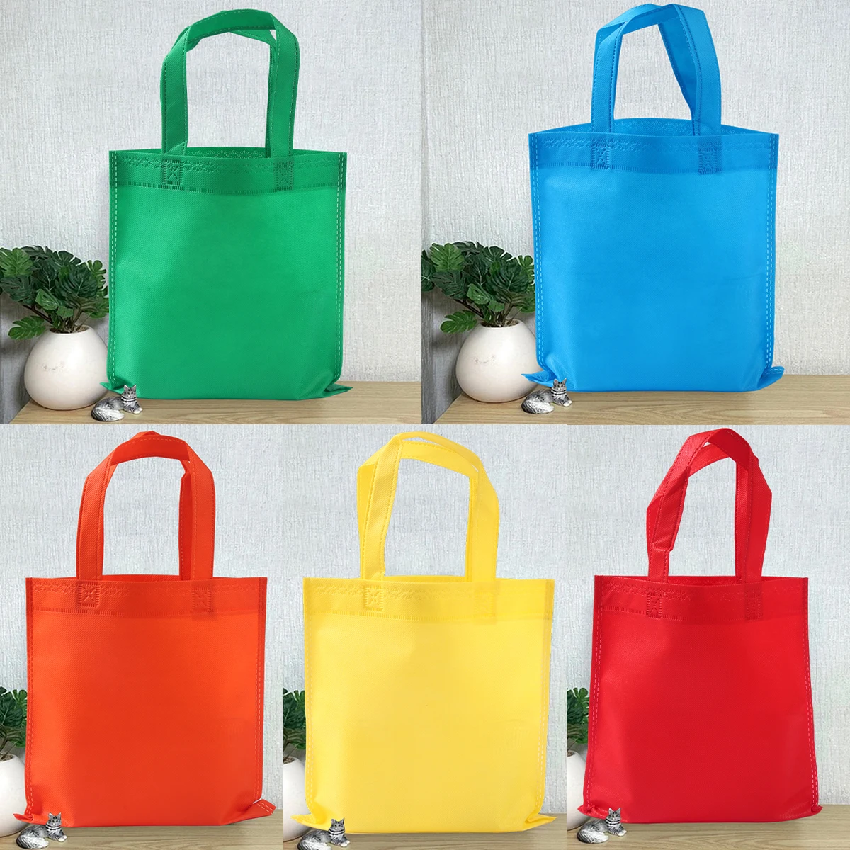 5pcs 25*25cm Pure Color Non-woven Fabric Shopping Bag Large Capacity Handbag Bag Waterproof Folding Eco-friendly Storage Bag