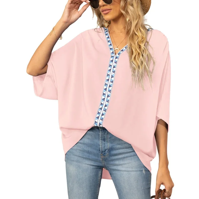 

Ladies Blouses Cool Summer Europe America New Tops Women's Bat Sleeves Chiffon V-neck Short-sleeved Casual Loose Long Shirts