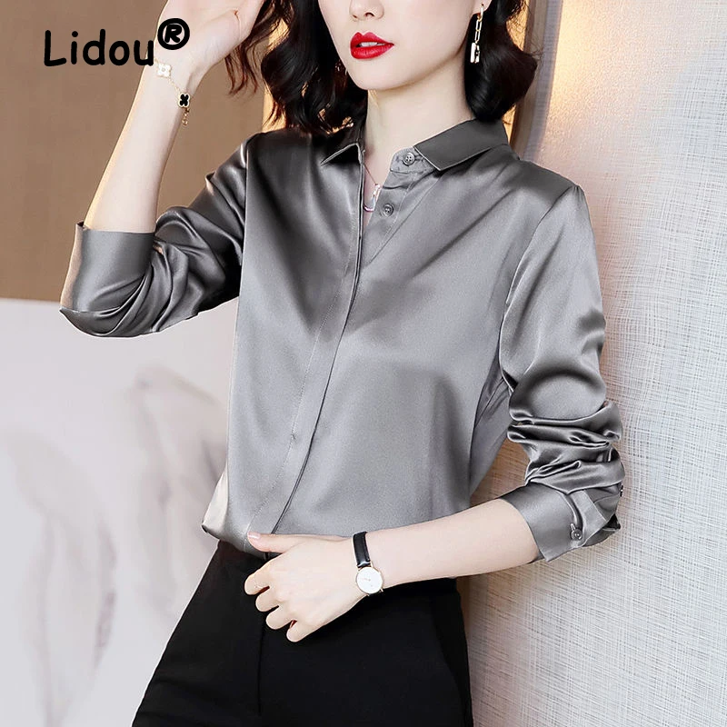 Women High Quality Satin Elegant Formal Shirt Fashion Business Casual Office Lady Basic All Match Blouse Solid Long Sleeve Tops