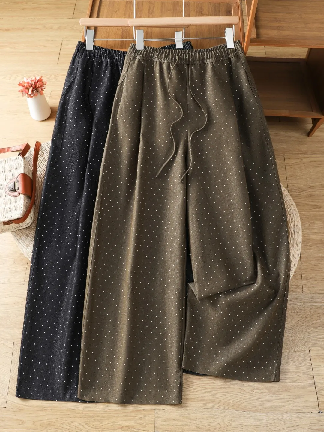 2026 Autumn New Korean Style Casual Pants Checkered Loose Elastic Waist Drawstring Straight Leg Wide Leg Pants Ladies Casual ...