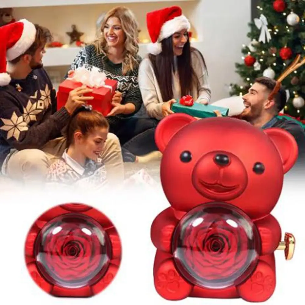 

Plastic Rotating Hugging Bear Jewelry Box Romantic Cute Rose Bear Gifts Box with Soap Rose Jewelry Display Gift Box