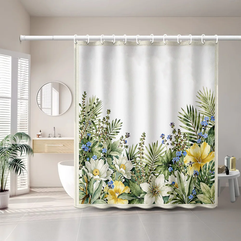 1pc Floral Greenery Natural Fresh Style Printed Shower Curtain, Bathroom Home Decor Shower Curtain with Free Plastic Hooks, Suit
