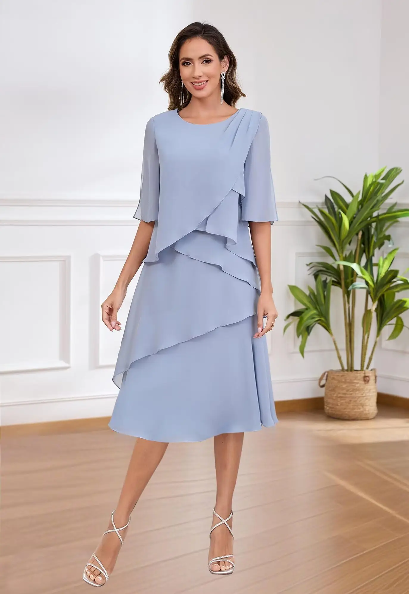 

Tiered Chiffon Mother of The Bride Dresses for Women Short Sleeve Tea Length Wedding Guest Dress