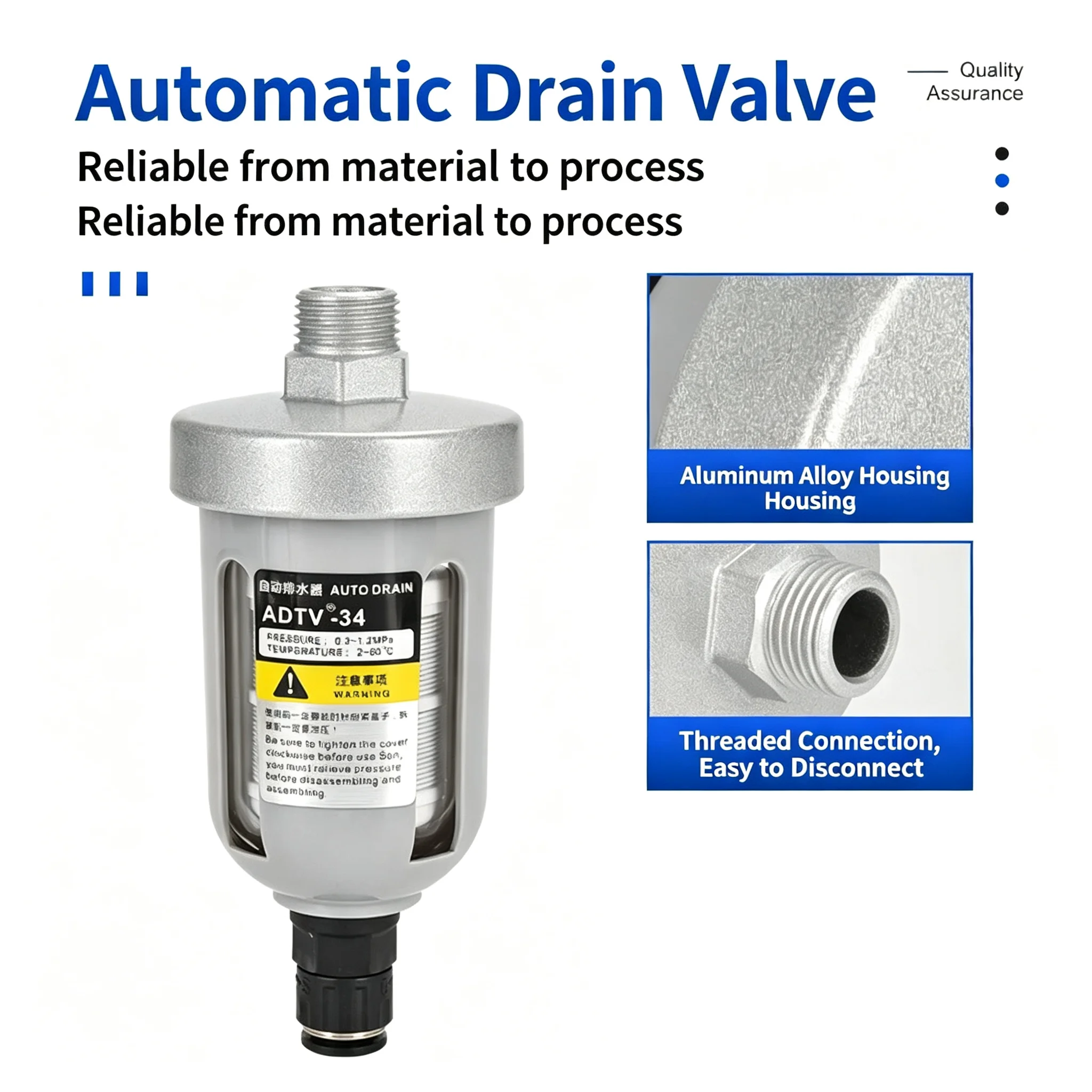ADTV-34 Pneumatic Air Compressor Valve with Translucent Automatic Drain Filter - Floating Ball Type for Efficient Air Compressio