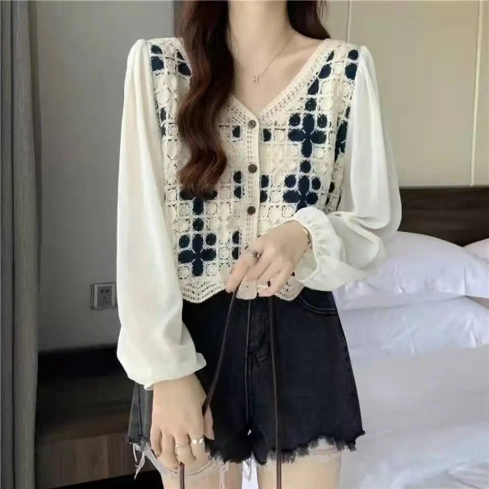 Women\'s Crochet Blouse with Chiffon Sleeve Button Front Crop Tops Spring summer Teen-girl Fairycore Cottagecore Outfit