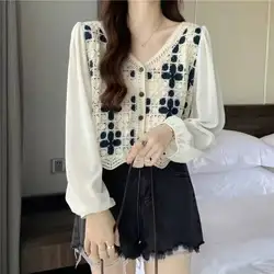 Women's Crochet Blouse with Chiffon Sleeve Button Front Crop Tops Spring summer Teen-girl Fairycore Cottagecore Outfit