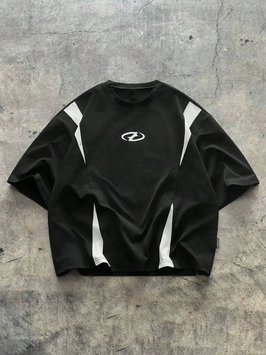 

Men's Black Contrast White Panel Loose Fit Casual Short Sleeve T-Shirt