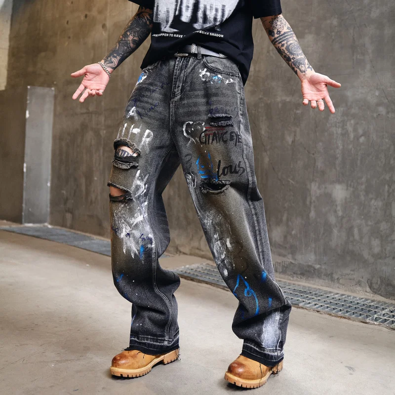 

1360 High Street Europe and the United States broken hole trend graffiti wide-leg jeans men's high-grade loose tide brand
