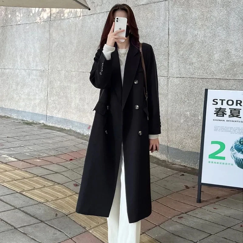 Black Long Trench Coat Women Korean Elegant Office Lady Double Breasted Blazer Jacket Y2K Streetwear All Match Windbreaker