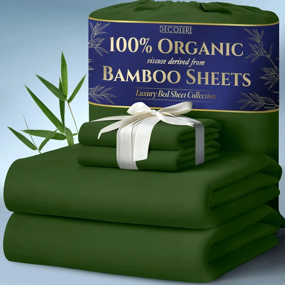 

100% Organic Viscose Derived from Bamboo Sheets Queen Size 4pcs - Ultra Soft & Luxuriously Cooling, 17" Deep Pocket