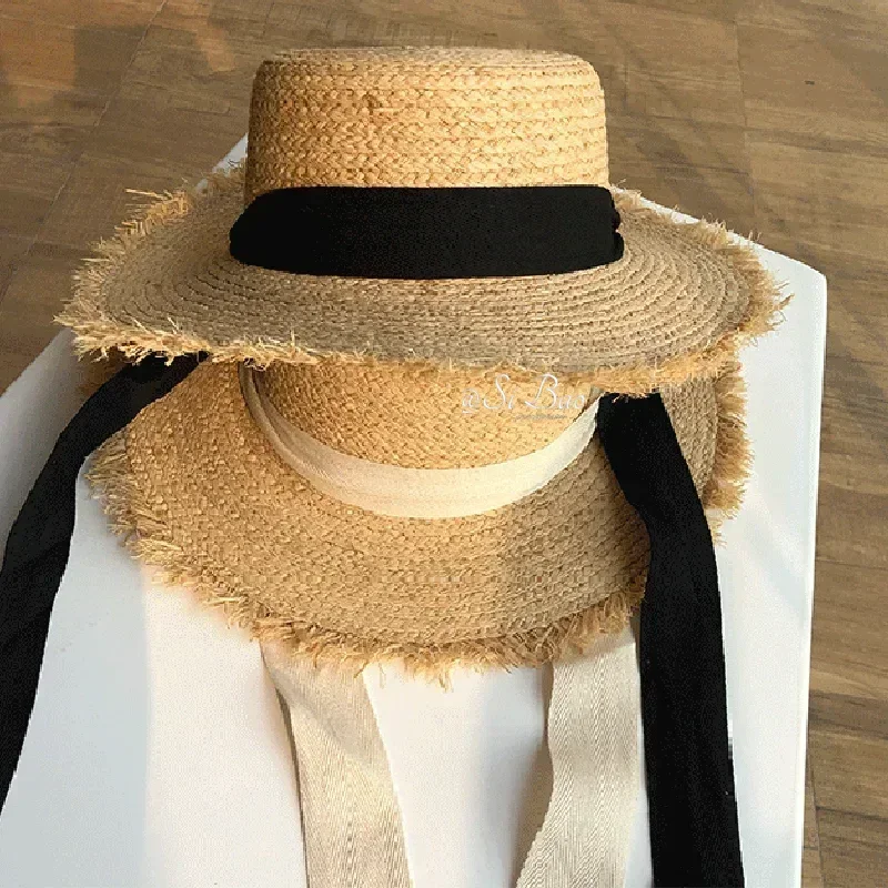 Straw Hat Women Wide Brim Sun Protection Beach Hat Black and White Ribbon Bowknot Straw Cap Casual Ladies Flat Top Panama Hat