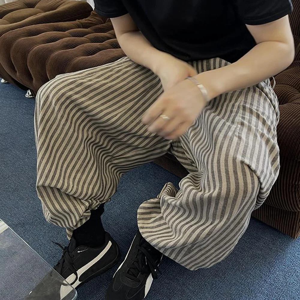 Mens Trousers Striped Wilderness Style Casual Pants Streetwear Personality Niche Comfortable Straight Pants Men\'S Clothing 2024