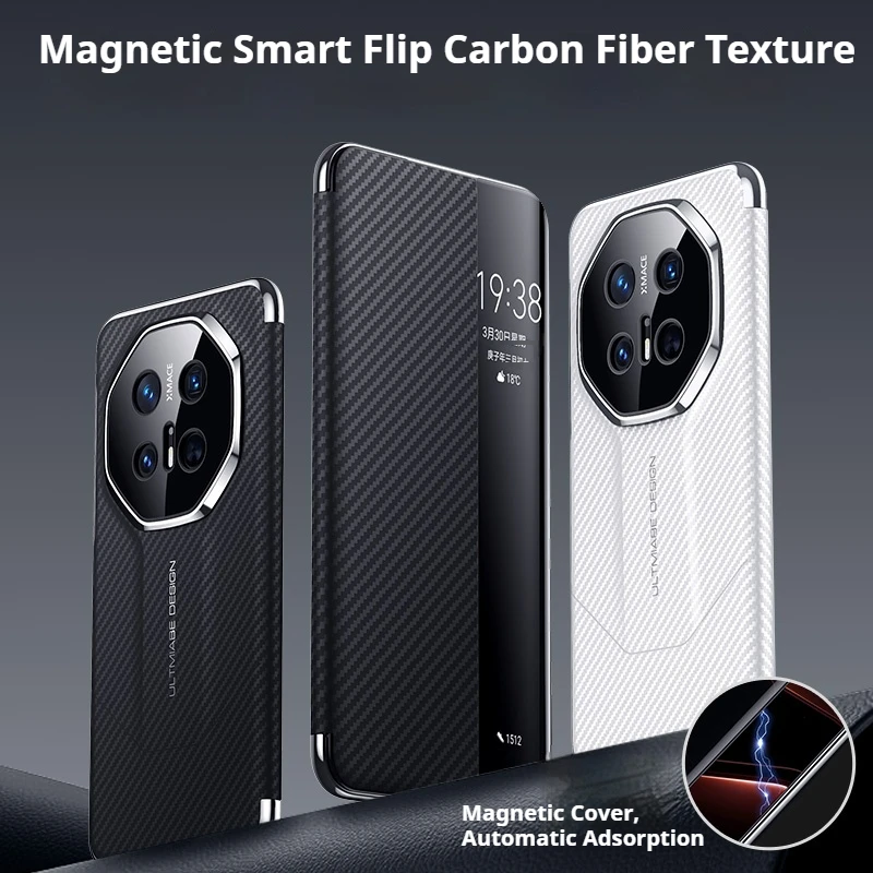 Carbon Fiber Leather Flip Cover Case For HUAWEI Mate 70 Pro RS Mate 60 Smart View Wake Sleep Call ID Display