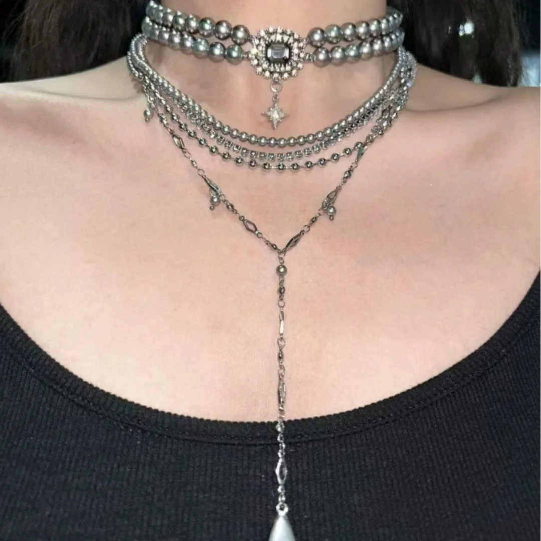 

DUTRIEUX Vintage Tassel Shiny Silver Grey Beaded Multi-Layered Necklace for Women Luxury Waterdrop Fashion Jewelry Party Gifts