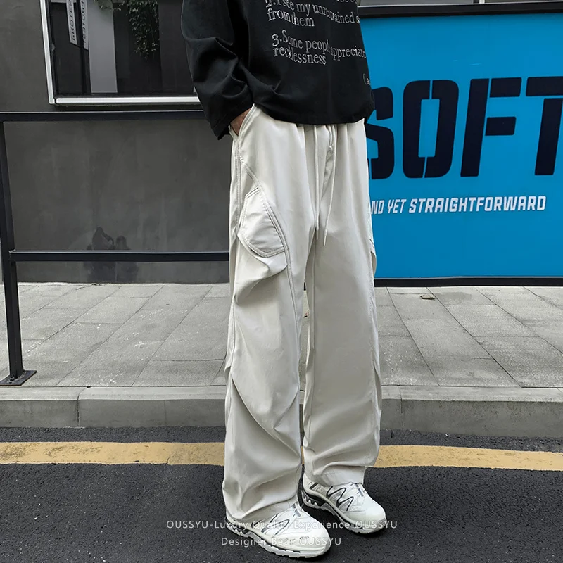 Brand Clothing Men's Outdoor Waterproof Wrinkle Patchwork Cargo Pants Baggy Straight Leg Multi-Pocket Hiking Trekking Sweatpants