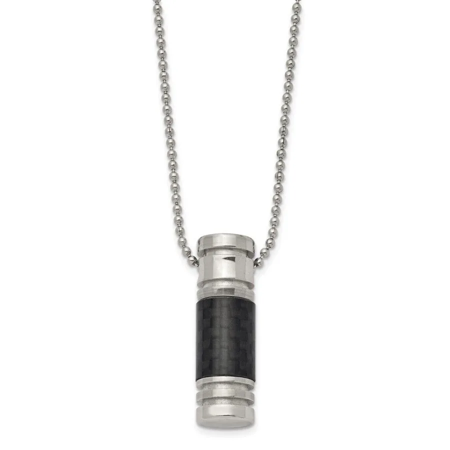 

Chisel Stainless Steel Polished with Black Carbon Fiber Inlay Cylinder on a 22 inch Ball Chain Necklace