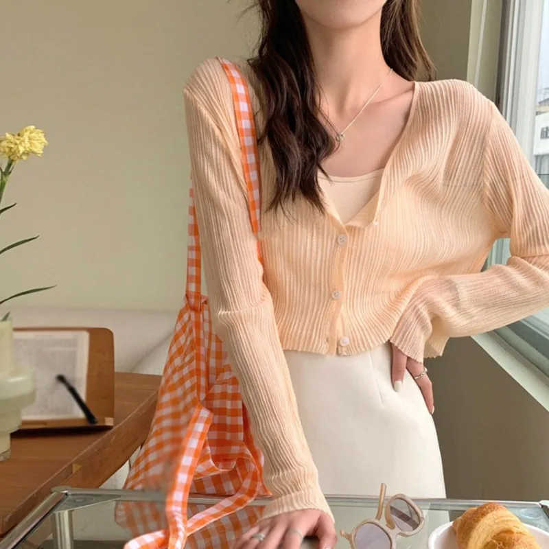 Ice Silk Short Sunscreen Knitted Cardigan Women Summer V-neck Air Conditioning Shirt Thin Shawl Top Outside