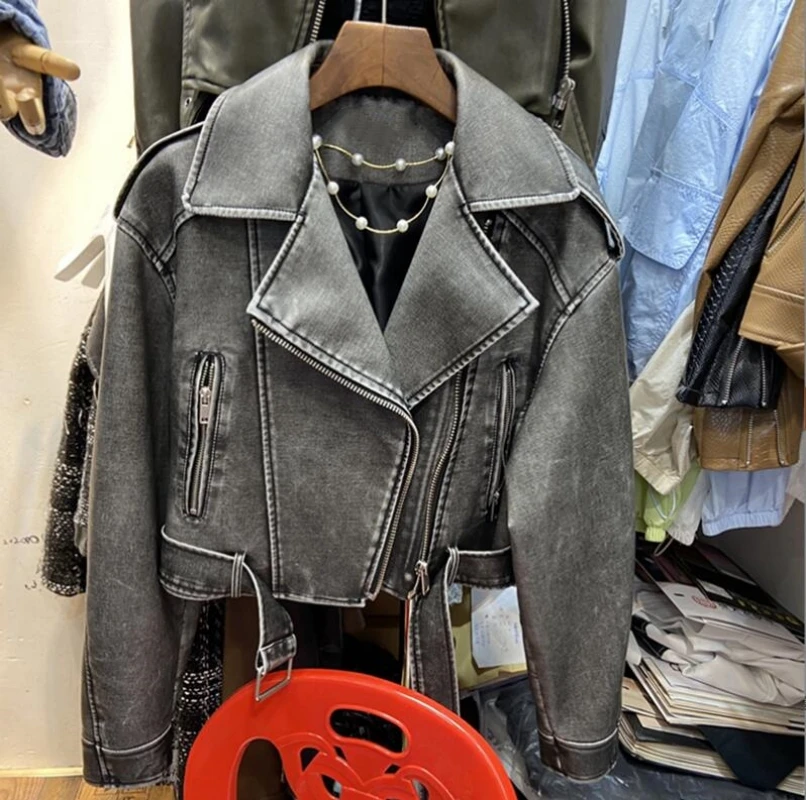 Jaqueta de couro sintético de PU com cinto, vintage, solta, curta, streetwear, feminina, zíper, retrô, moto, casaco de motociclista, outwear