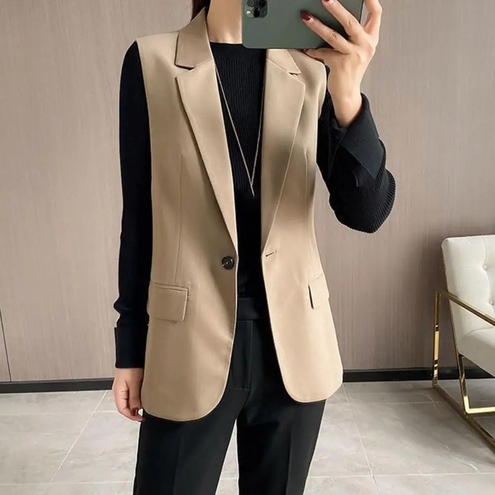 Women Blazer Coat Sleeveless Turn-down Collar Temperament Suit Jacket Long Vest for Female Summer 2024