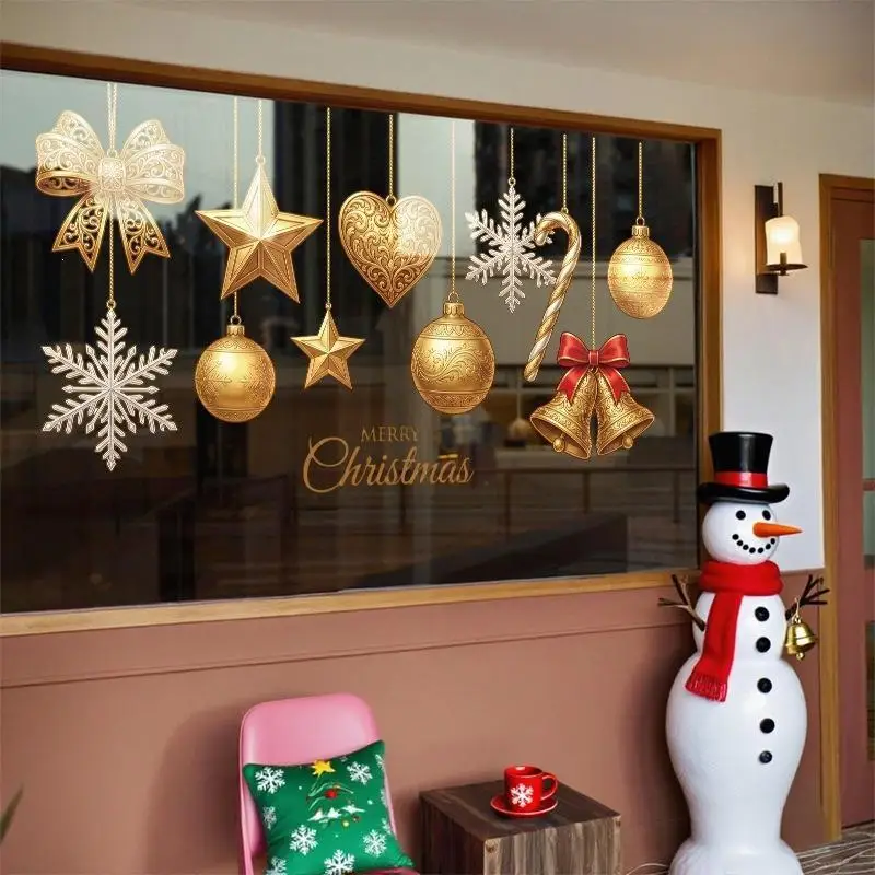 Christmas Ornament Window Cling Static Window Sticker Bells Snowflake Gold Glass Decal Removable Holiday Home Decoration