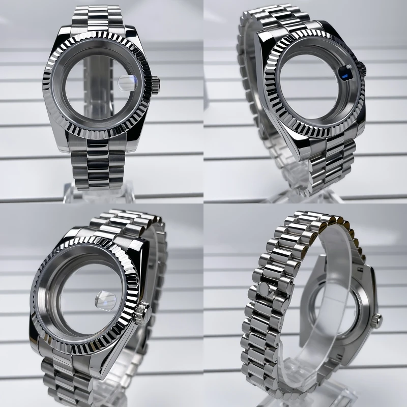 NH35 Case 36/39mm DJ Style Watch Case Sapphire Crystal SS President Bracelet 28.5 Dial Screw Crown for NH35 NH36 NH38 Seik Mod