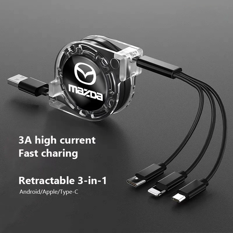 3 In 1 Fast Charger USB Data Cable Car Accessories For Mazda 2 3 6 5 Atenza CX3 CX5 MX5 CX7 Axela CX30 CX90 CX60 CX50 MX30 CX9 R