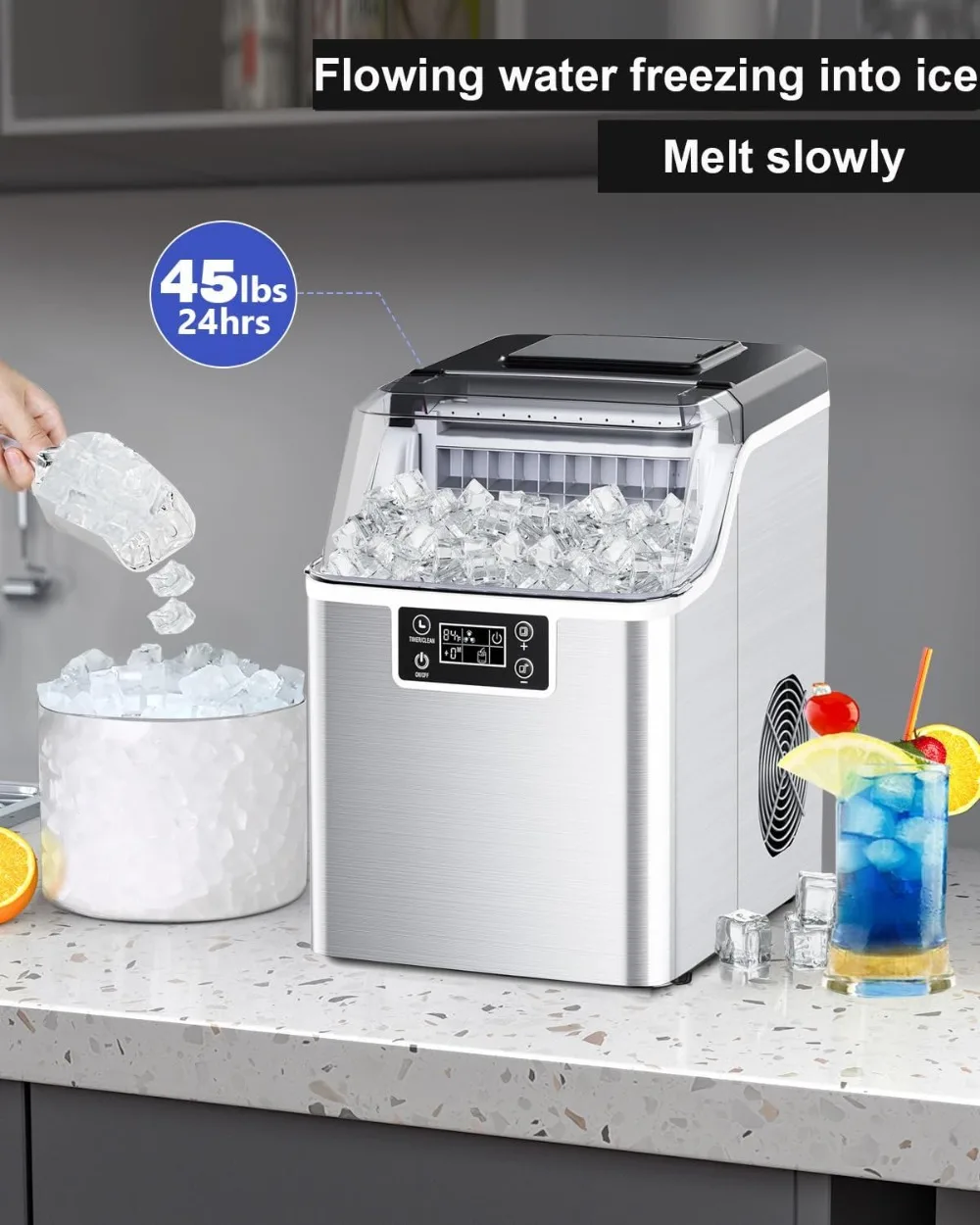 Ice Makers Countertop, 45Lbs/Day, 2 Ways To Add Water, 24 Pcs Ready in 13 Mins, Self Cleaning Ice Maker, 24H Timer for Home Bar