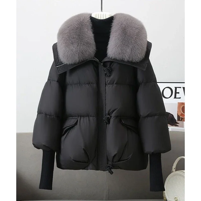 Winter New Fur Collar Puffer Down Parka Loose Down Warmer Thicken Snow Jacket Pocket Zipper Faux Fur Outerwear Female L32