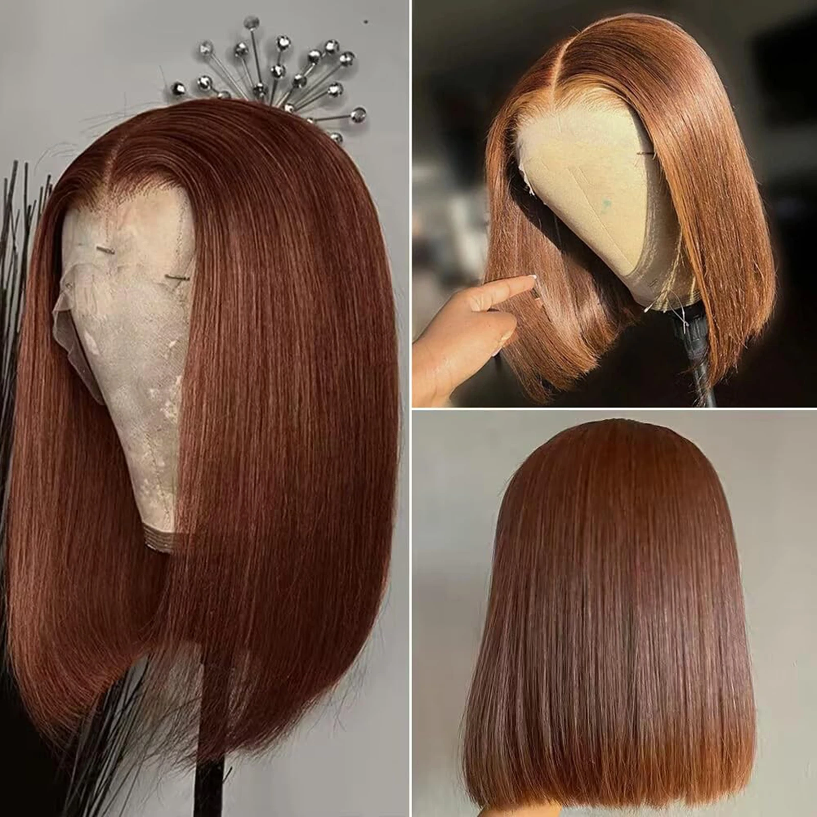 200% densidade chocolate marrom em linha reta bob perucas duplo desenhado brasileiro remy perucas de cabelo humano 13x4 laço frontal bob perucas para mulher