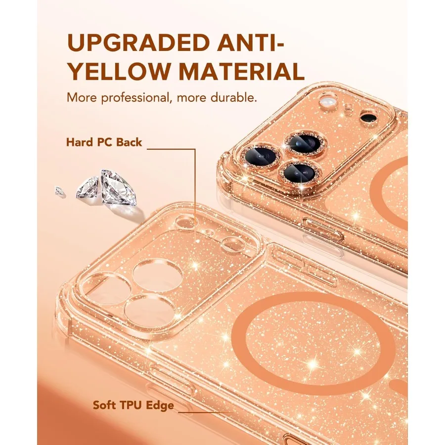 Sparkle oranje helder glitter schokbestendig beschermhoesje voor iPhone 17 Pro dames compatibel met MagSafe anti-vergeling ontwerp
