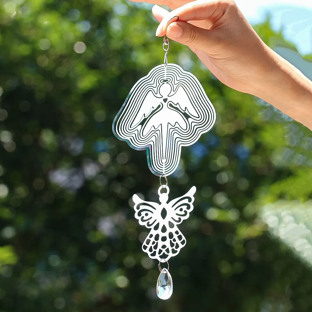 27cm Stainless Steel Wings of The Holy Angel Shape Crystals Prism Wind Chime Pendant Fluid Visual Effects Bird Repeller Ornament