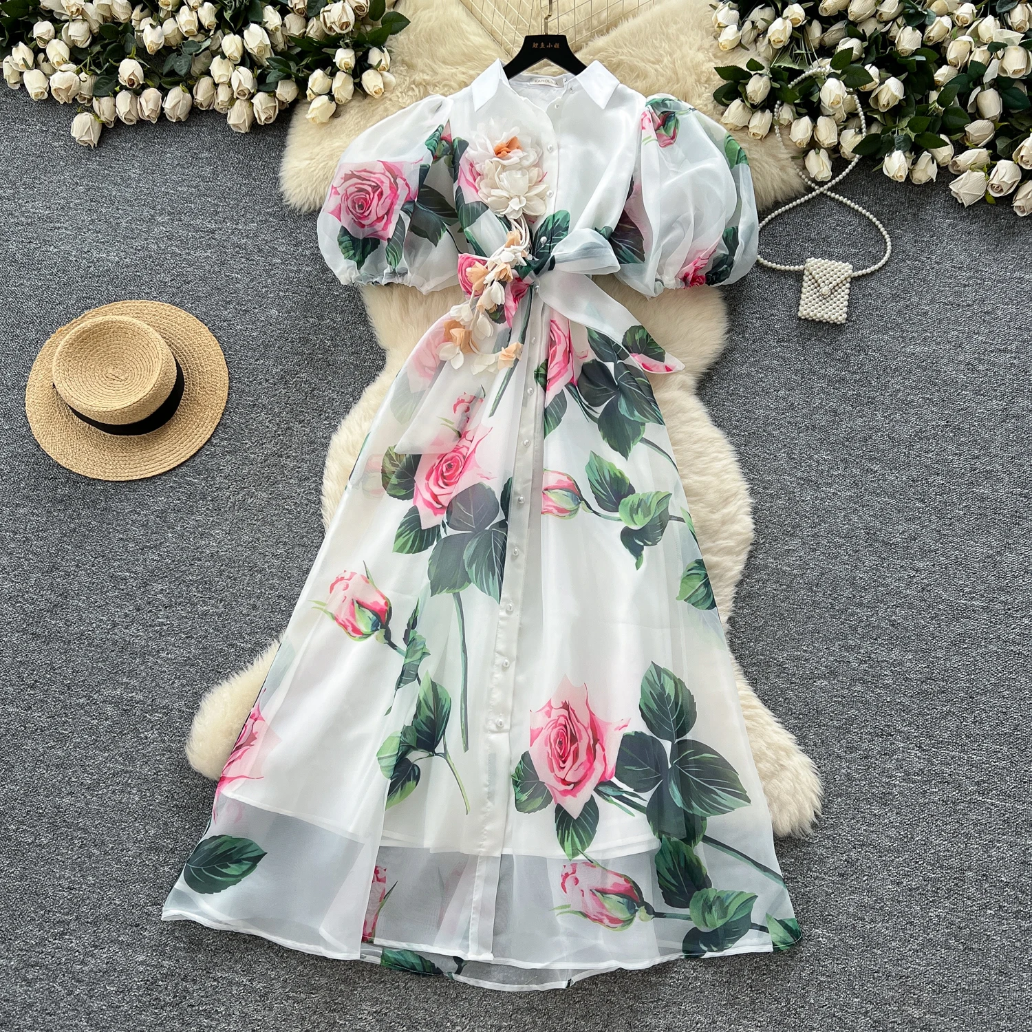 Robe de soirée de palais français vintage pour femmes, élégante, fleur 3D, revers, manches bouffantes, longue robe imprimée, vêtements de Festival haut de gamme, nouveau