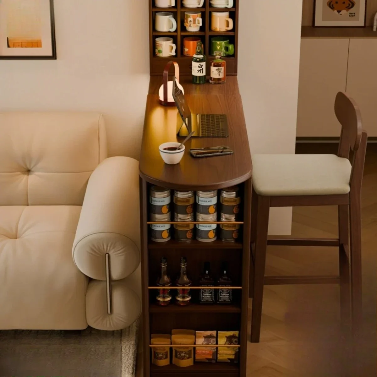 Ali, solid wood home retractable bar table small apartment balcony living room partition cabinet island table dining side