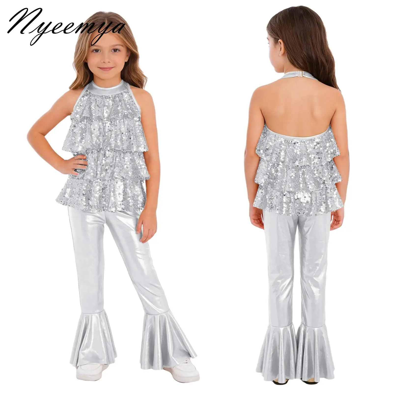 

Children 70s Disco Shiny Sequins Jumpsuit Sleeveless Sequin Tiered Ruffles Bell-Bottom Bodysuit for Party Stage Performance Wear